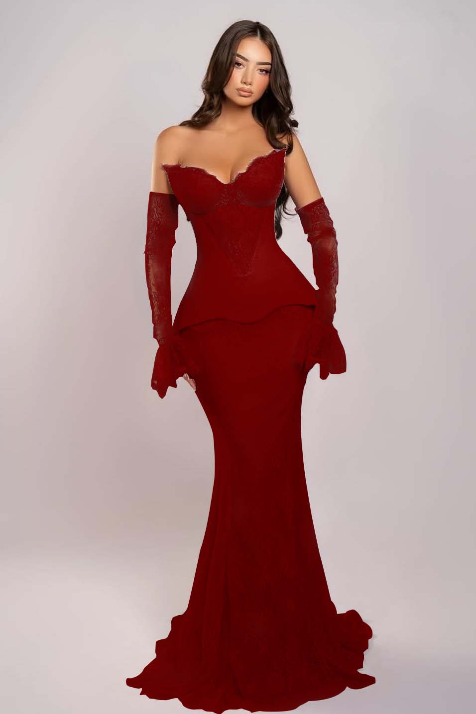 Elegant Pink Sleeveless V-Neck Strapless Lace Mermaid Prom Dress With Appliques
