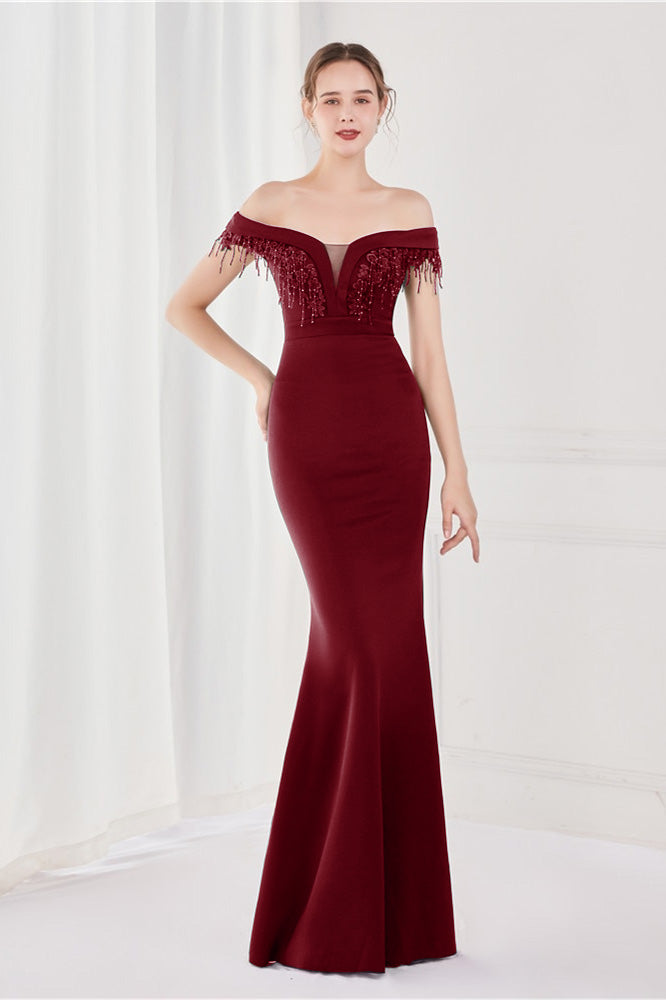 Dark Green V-Neck Mermaid Off-The-Shoulder Evening Dress With Appliques Tassel