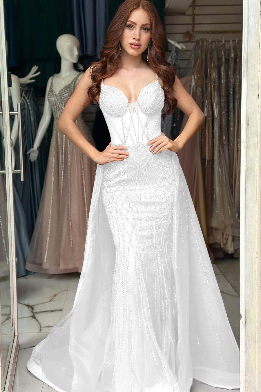 Elegant Red Sequins Spaghtti Strap Sleeveless Sweetheart Prom Dress with Detachable Train