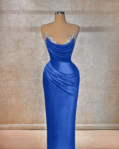 Red Sleeveless Strapless Mermaid Pleated Beads Prom Dress