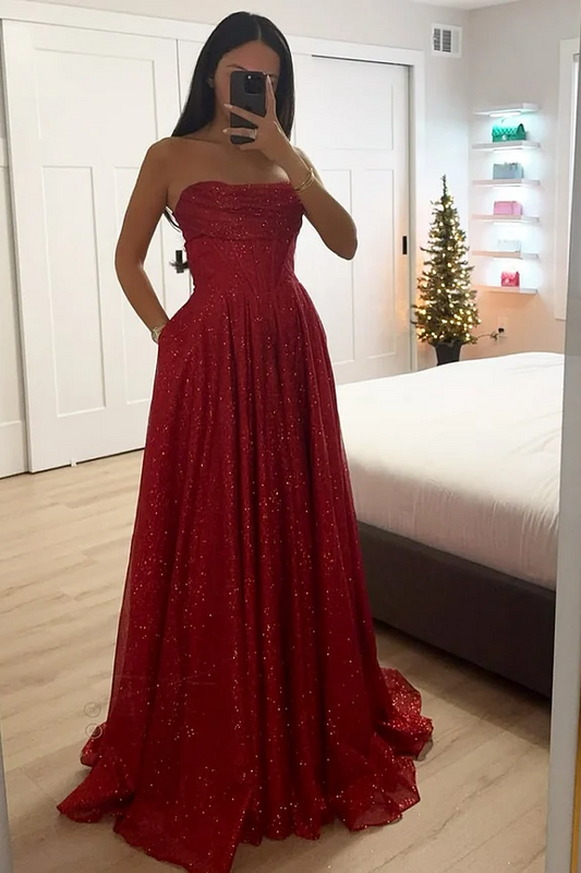 Red Sleeveless Strapless Square Sequins A-Line Prom Dress
