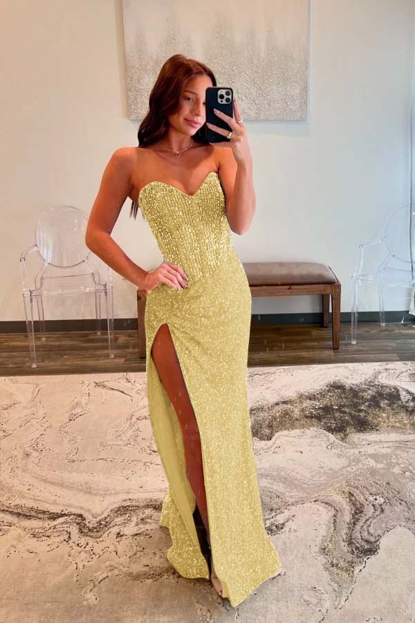 Strapless Blue Beaded Slit Prom Dress