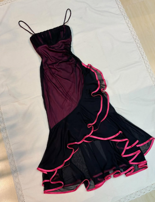 Vintage Mermaid Spaghetti Strap Ruffle Chiffon Prom Dress Evening Dress SH2068