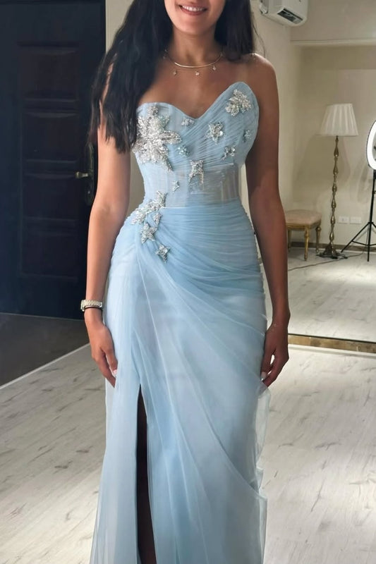 Sleeveless Strapless Sweetheart Mermaid Long Prom Dress With Slit