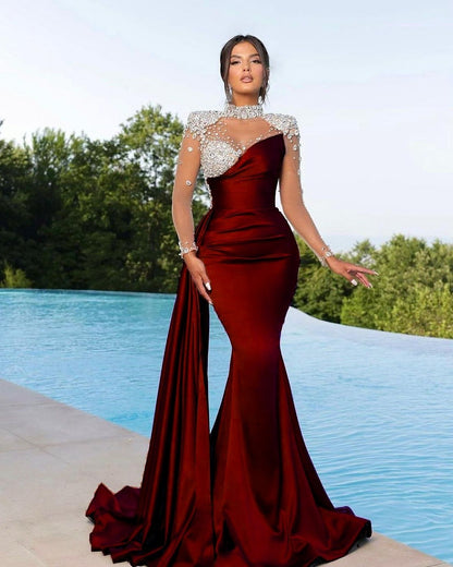 Chic Long Sleeves  Beaded Satin Mermaid Prom Dress with Ruffles