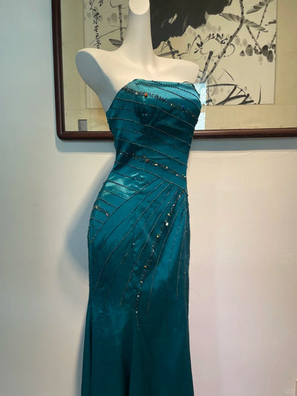 Vintage Peacock Blue Mermaid Strapless Beaded Satin Long Prom Dress Evening Dress P4268