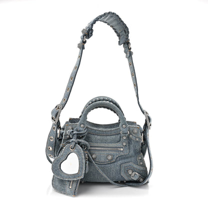Washed Frayed Denim Crystal Neo Cagole Handbag XS Blue