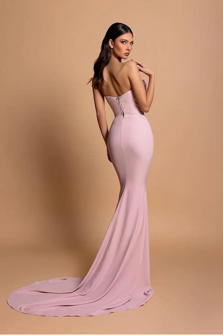 Strapless Pink Sleeveless Long Mermaid Beading Evening Dress