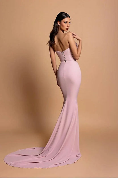 Strapless Pink Sleeveless Long Mermaid Beading Evening Dress