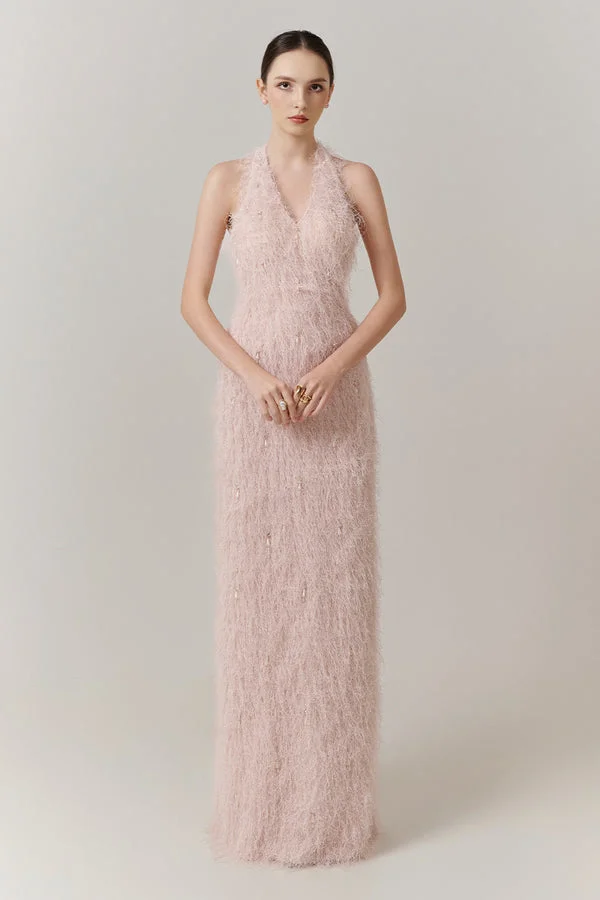 Sleeveless Halter Straps V-Neck Feathered Mermaid Evening Dress with Pearl Details