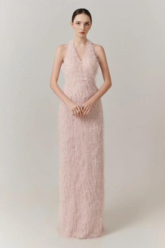 Sleeveless Halter Straps V-Neck Feathered Mermaid Evening Dress with Pearl Details