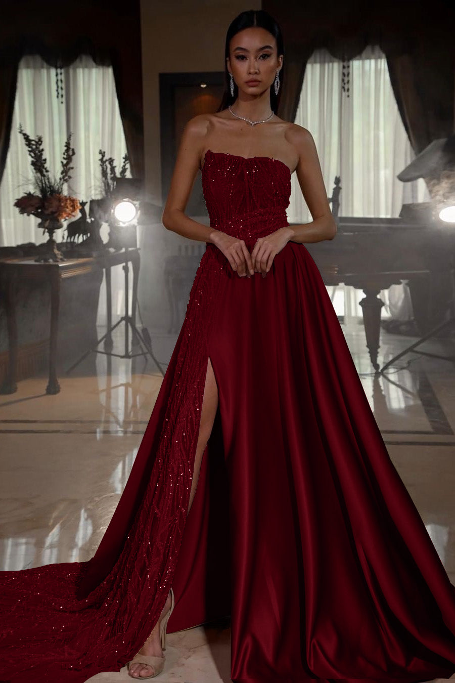Pink Strapless A-Line Sleeveless Sequins Prom Dress With Split