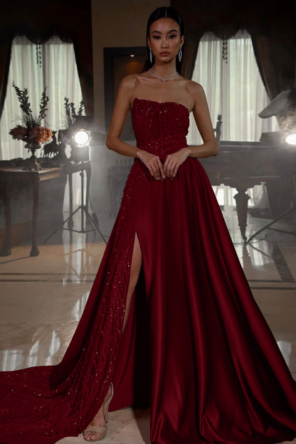Pink Strapless A-Line Sleeveless Sequins Prom Dress With Split
