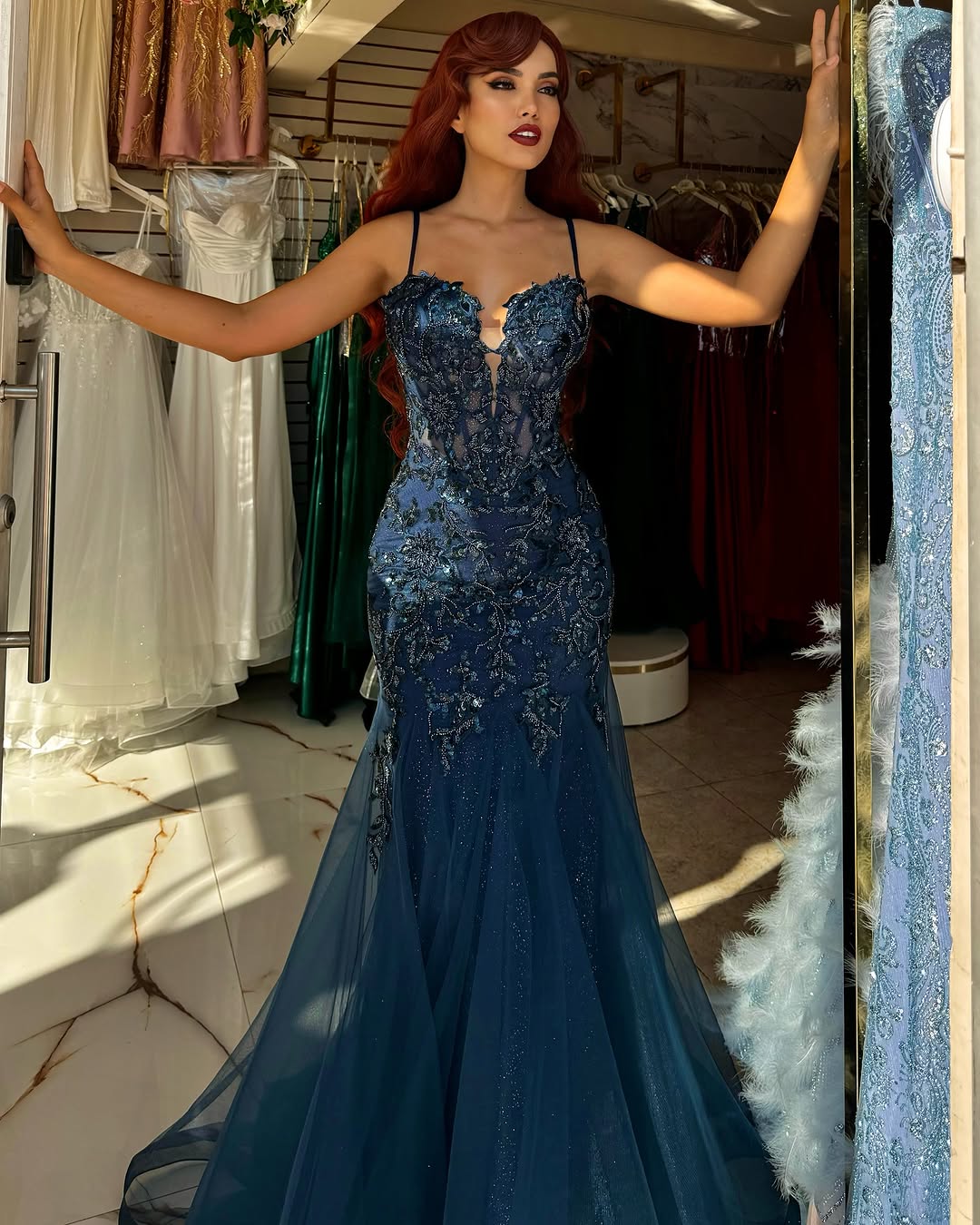 Sleeveless Spaghetti Straps Beads Embroidery Mermaid Prom Dress