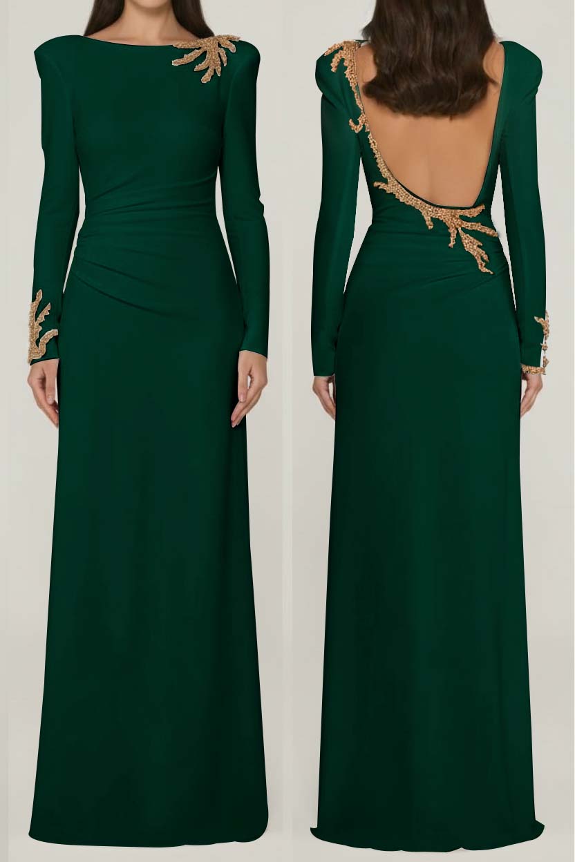 Chic Black Satin Long Sleeves Squre Neck Prom Dress with Rhinestone