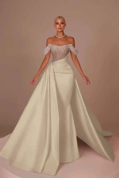 White Off-the-Shoulder Sequins Long Prom Dress Sleeveless with Beads
