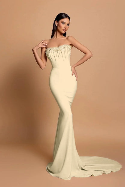 Strapless Pink Sleeveless Long Mermaid Beading Evening Dress