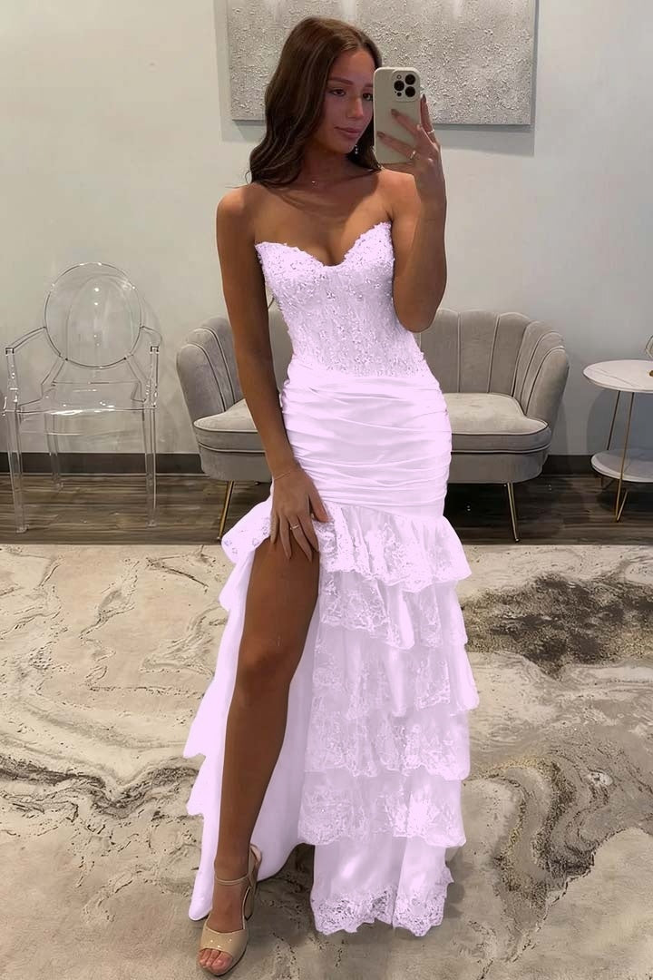 Sleeveless Strapless Long Split Evening Dress With Sequins Pleated
