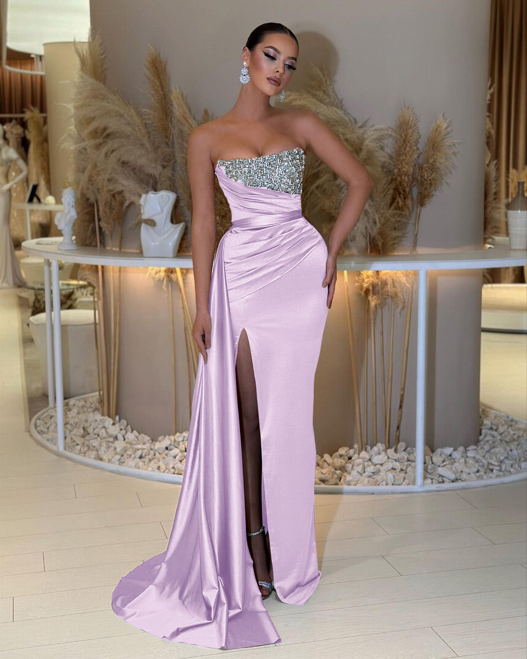 Strapless Beading Sleeveless Slit Prom Dress with Ruffle
