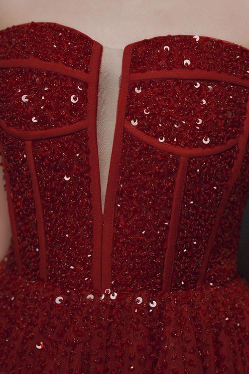 Wine Red Off-The-Shoulder Evening Dress With Sequins Beads