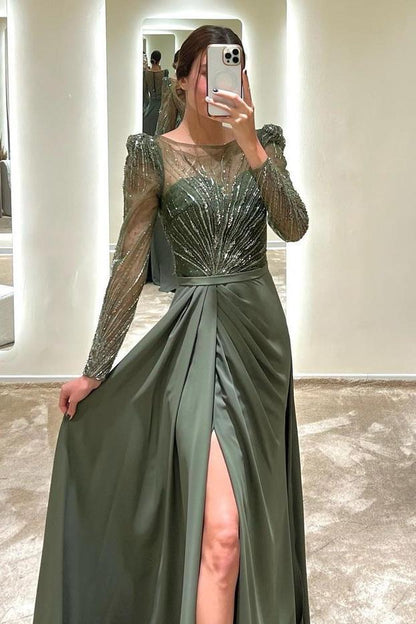 Beautiful Dark Green Satin Jewel Neck Long Sleeves Long Slit Prom Dress with Slit