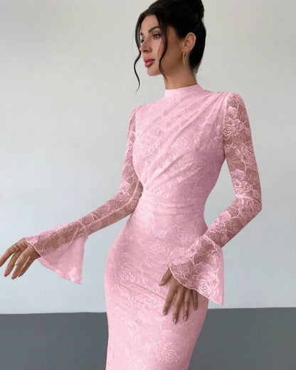 Glamorous Pink Lace Floral Half High Neck Long Sleeves Slim Prom Dress