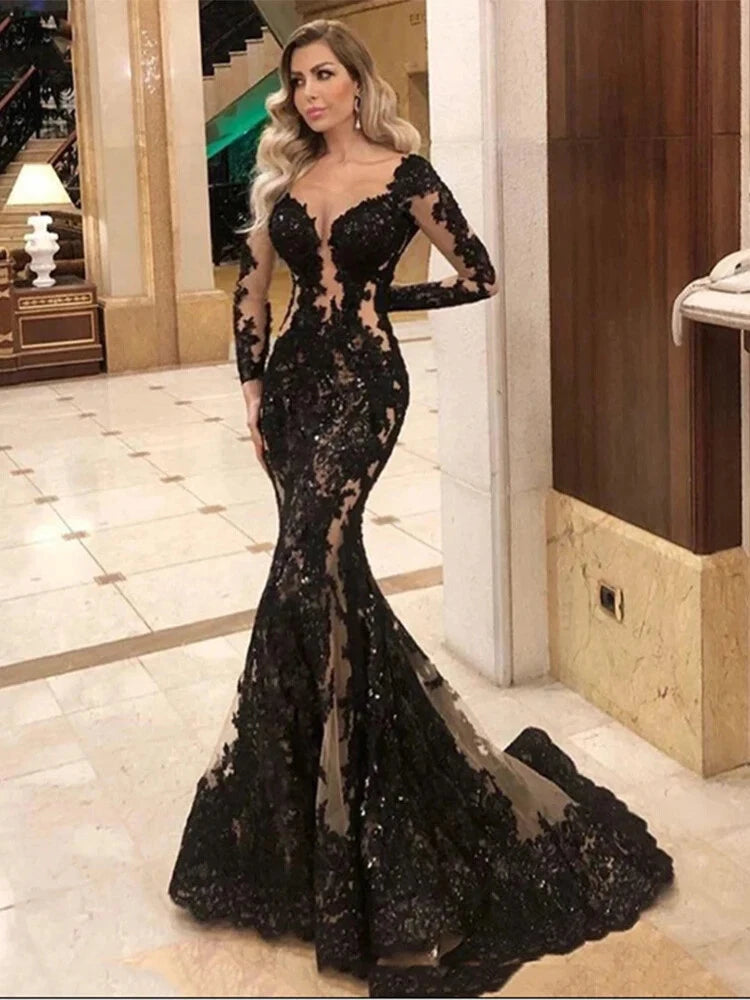 Charming Black Applique Lace Long Sleeves Strapless Mermaid Long Prom Dress