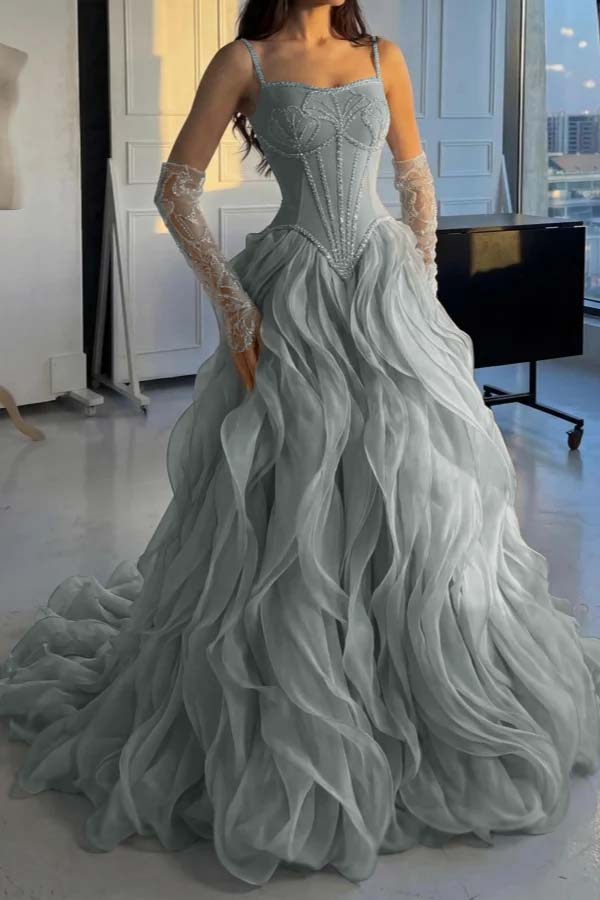 Stunning Silver Straps Formal Evening Dress Sleeveless Beading with Ruffles