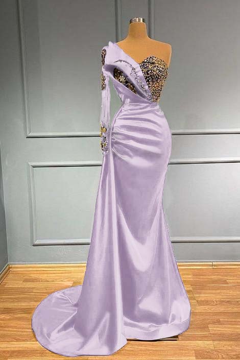 Dark Blue Long Sleeve One Shoulder Mermaid Prom Dress With beads