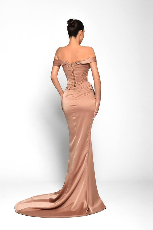 Luxury Vintage Mauve Satin Strapless Off the Shoulder Pleated Prom Dress with Split