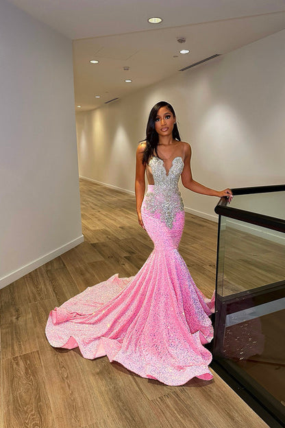 Glamorous Sliver And Pink V-Neck Mermaid Prom Dress  Sleeveless Leaky Back