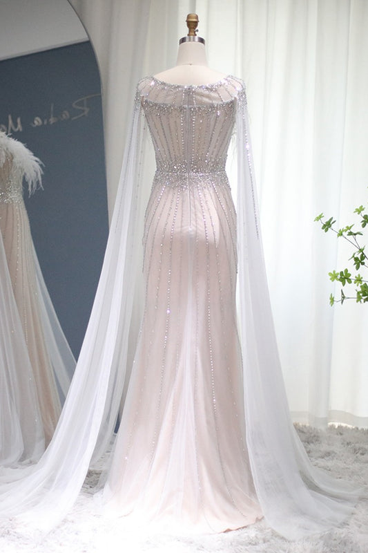 Glamorous Crew Neck Mermaid Prom Dress Tulle Cap With Feathers Appliques