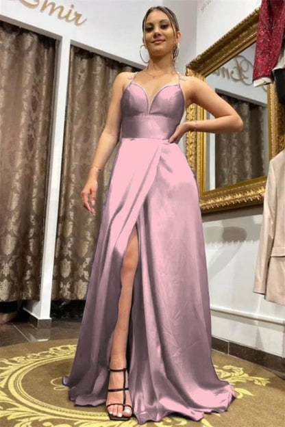 Long Royal Blue Slit Prom Dress Spaghetti-Straps