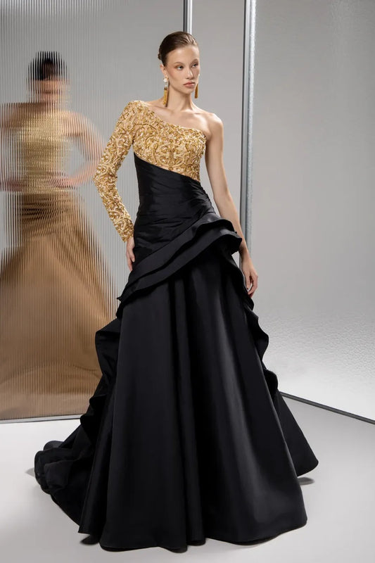 Black Long Sleeves One Shoulder A Line Prom Dress With Beads