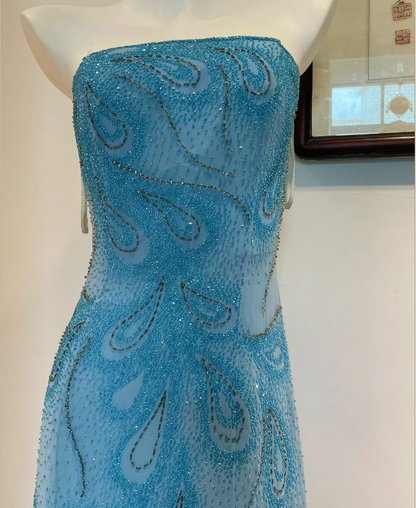 Gorgeous Blue A-line Strapless Beaded Chiffon Long Prom Dress Evening Dress P4274