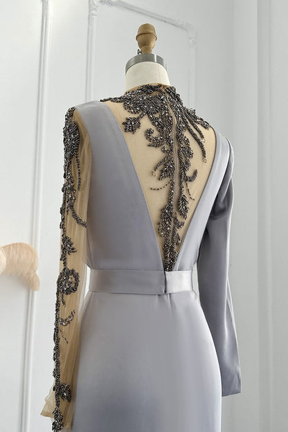 Jewel Neck Mermaid Evening Dress Long Sleeves Floor Length With Appliques