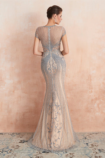 Elegant Short Sleeve Jewel Neck Mermaid Prom Dress with Beadings