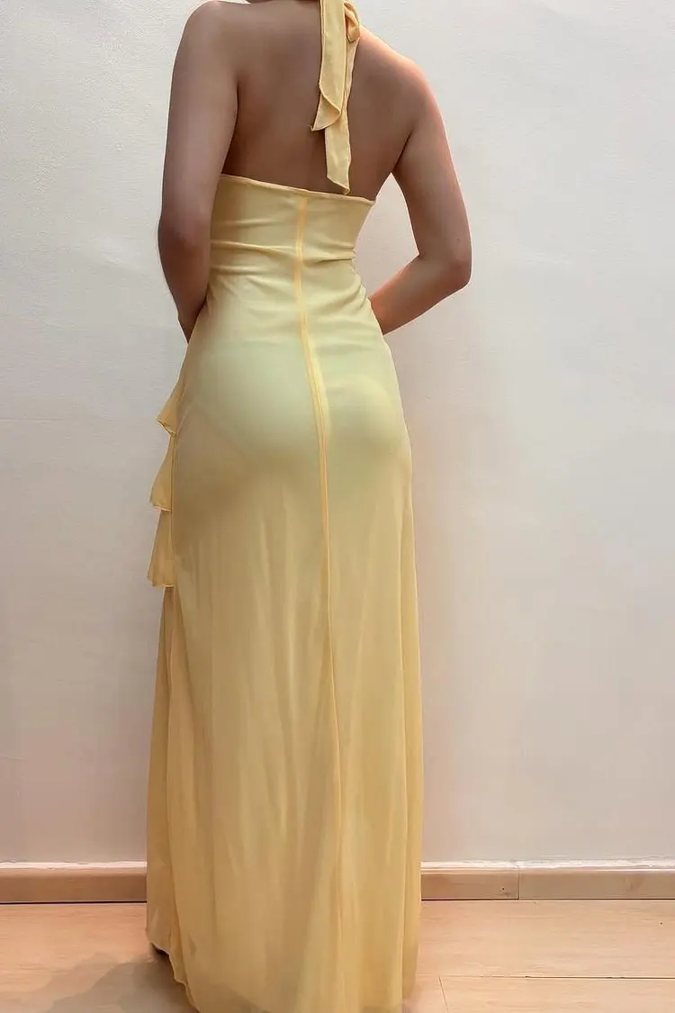 Halter V-Neck Sleeveless Long Evening Dress With Pleated Beading