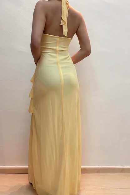 Halter V-Neck Sleeveless Long Evening Dress With Pleated Beading