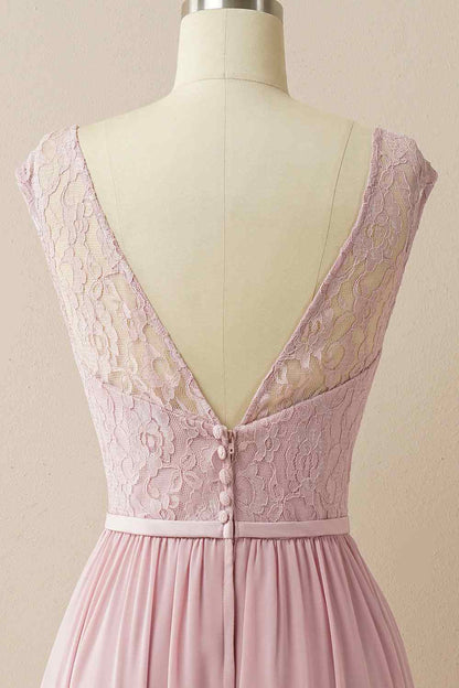 Wisteria A-line Illusion Lace Cap Sleeves Chiffon Long Bridesmaid Dress