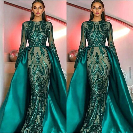 Emerald Green Long Sleeves Mermaid Sequins Prom Dress Long