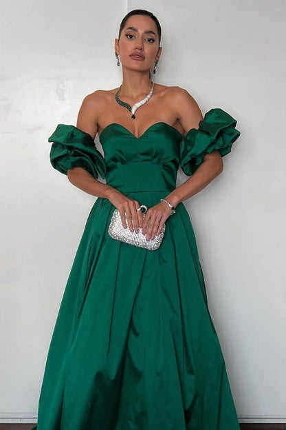 Charming Dark Green Satin Sweetheart Strapless Pleated Long Prom Dress with Ruffles