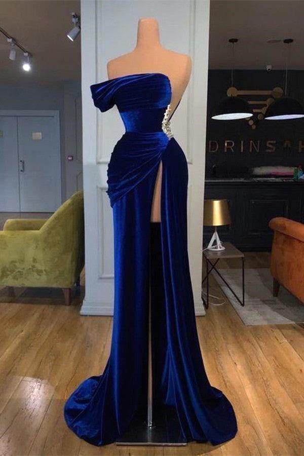 One Shoulder Dark Blue Mermaid Prom Dress Long Split With Beads