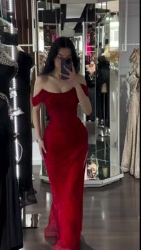 Charming Red Sparkling Off-The-Shoulder Slit Strapless Prom Dress