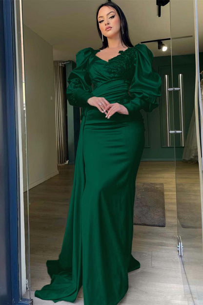 Long Puff Sleeves Mermaid Prom Dress With Appliques Ruffles