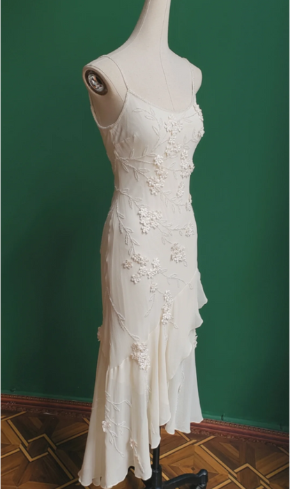 Elegant White Mermaid Spaghetti Strap U-neck 3D Foral Embroidery Chiffon Prom Dress Evening Dress P4280