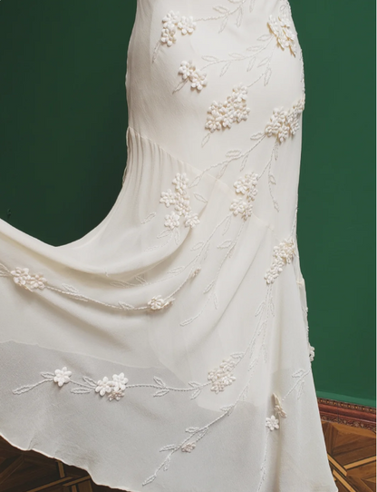 Elegant White Mermaid Spaghetti Strap U-neck 3D Foral Embroidery Chiffon Prom Dress Evening Dress P4280