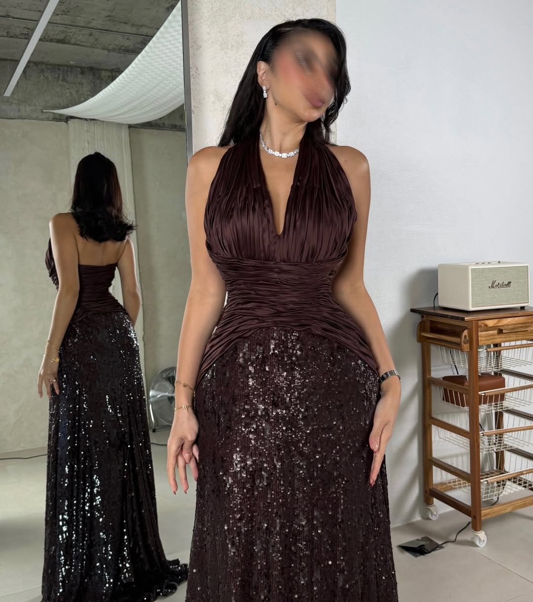 A Line Halter Straps Sleeveless Beaded Long Dress With Sequins