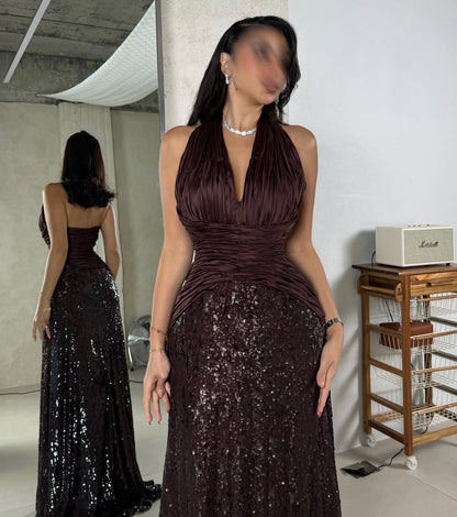 A Line Halter Straps Sleeveless Beaded Long Dress With Sequins