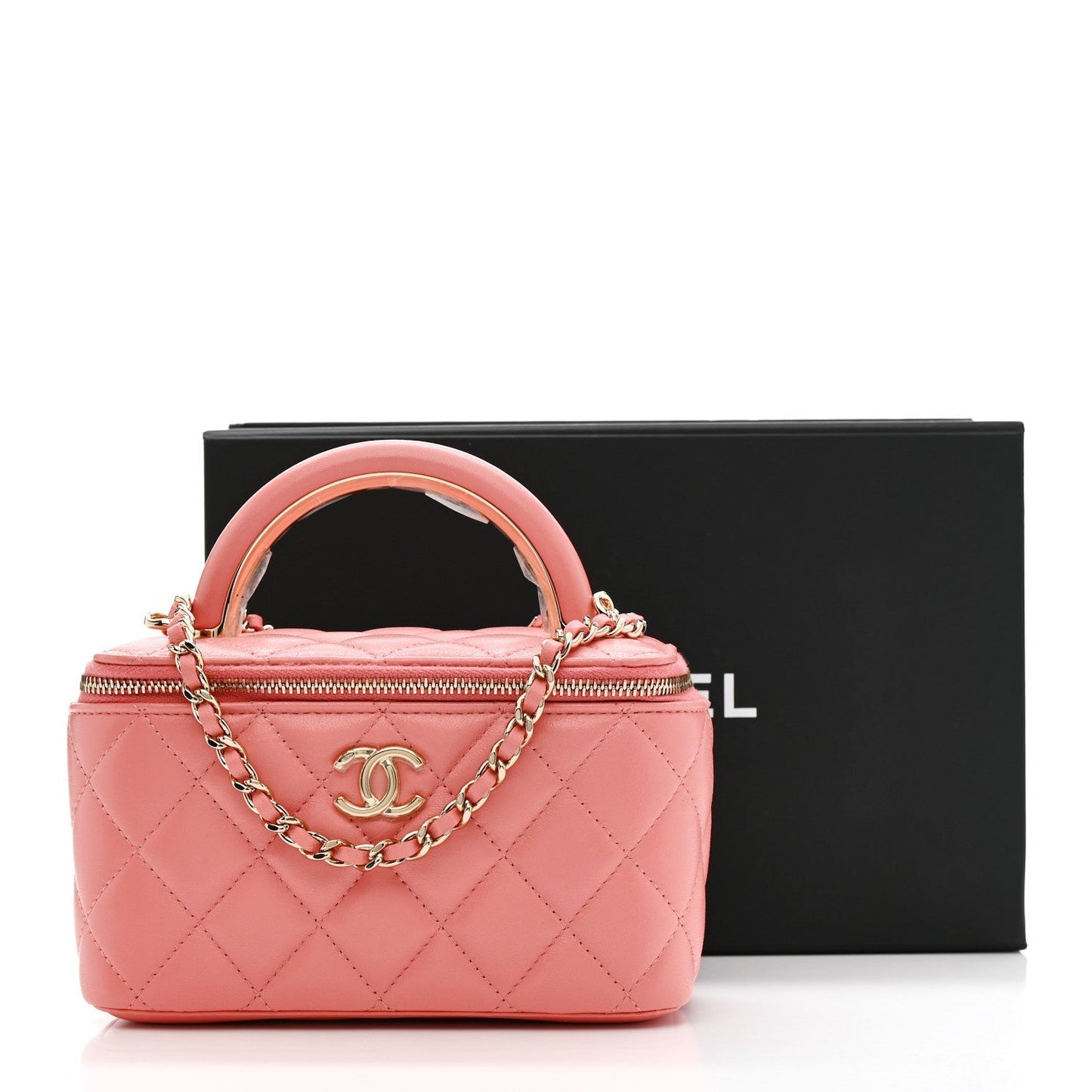 Lambskin Quilted Small Charming Top Handle Vanity Case With Chain Pink